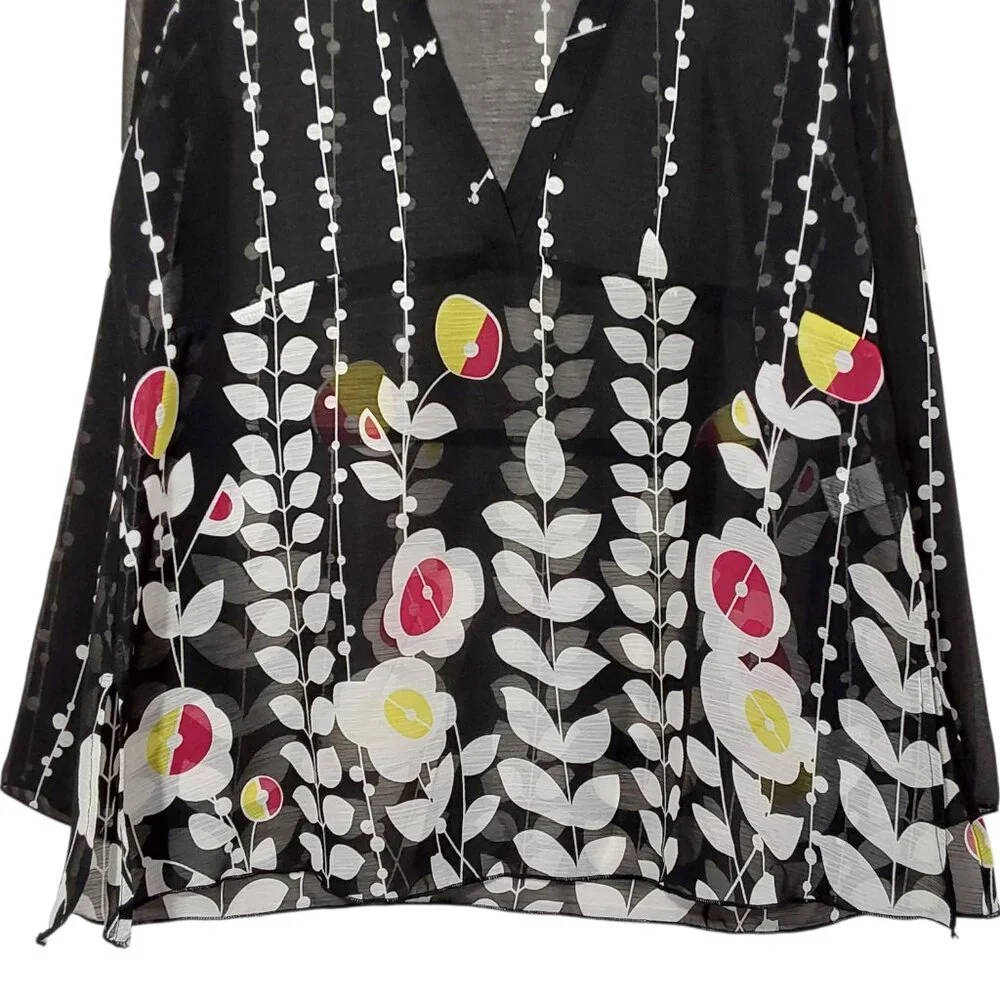 Coldwater Creek V-Neck Tunic Top Black Semi-Sheer Floral Crepe Great Cond - L - Picture 4 of 11
